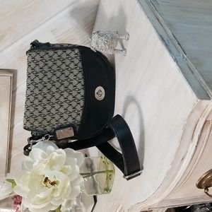 Anne Klein Black and Gray Logo Shoulder Bag with Black Leather Strap